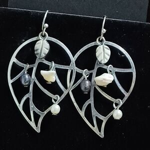 Silver-Toned Leaf Earrings w/ Natural Crystals